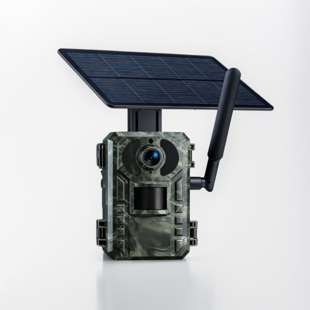 Caméra de chasse 4G solaire Chasse Connect avec panneau solaire et antenne 4G — vue de face