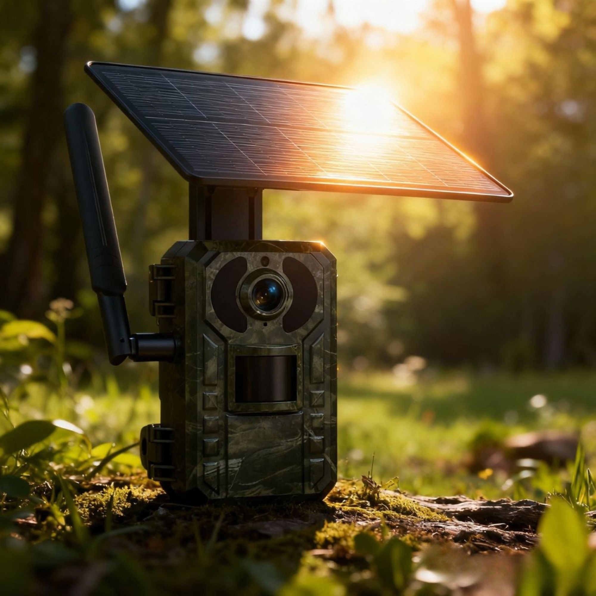 Caméra de chasse 4G solaire installée en extérieur dans l'herbe au coucher du soleil