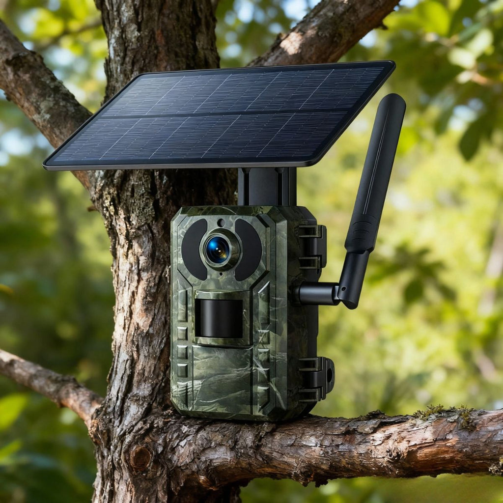 Caméra de chasse 4G solaire fixée sur un tronc d'arbre — exemple d'installation en forêt