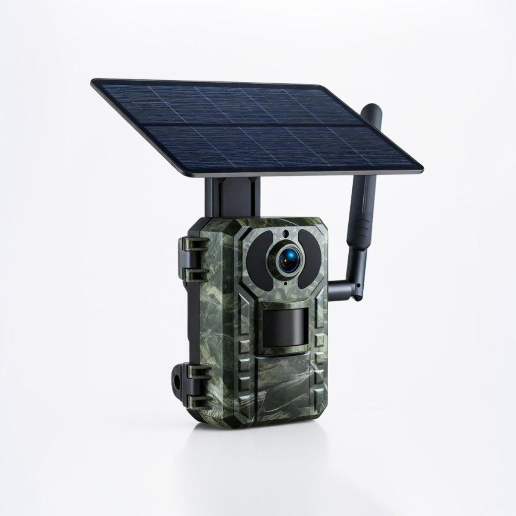 Caméra de chasse 4G solaire — vue 3/4 sur fond blanc