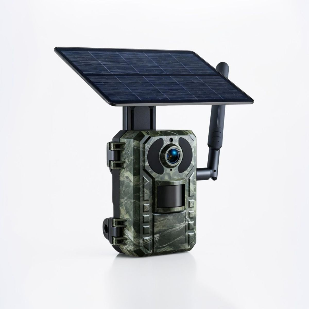 Caméra de chasse 4G solaire — vue 3/4 sur fond blanc